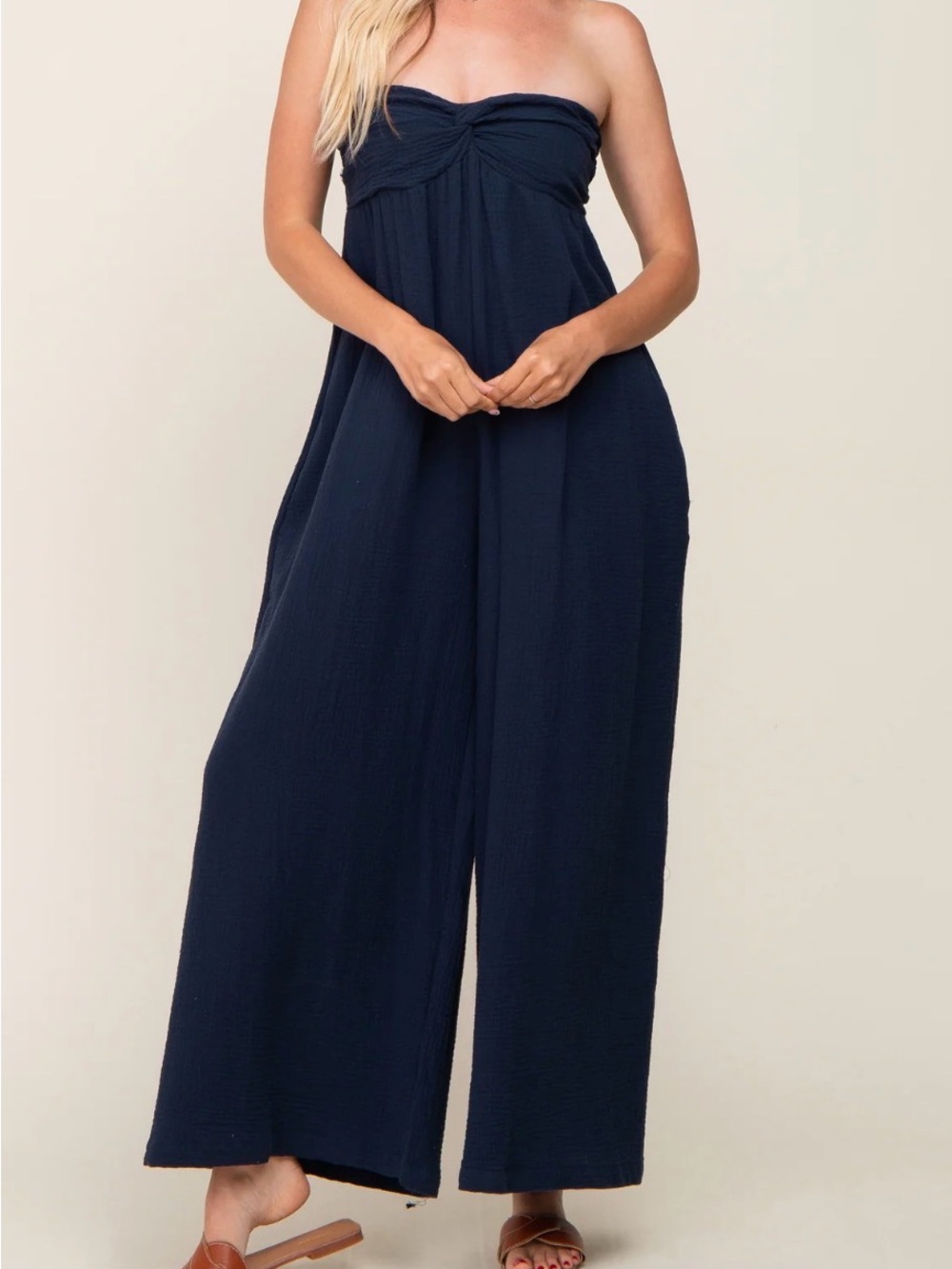 Bucket List Navy Gauzy 100% Cotton Strapless Wide Leg Jumpsuit Medium